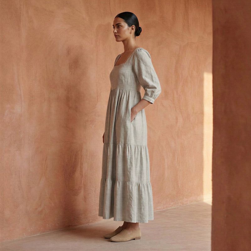 Beige Cotton Linen Blend Tiered Midi Dress with Smocked Bodice Beige Cotton Linen Blend Tiered Midi Dress with Smocked Bodice — Square Neck Dresses