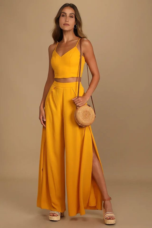 Yellow Crepe Two-Piece Set with Wide-Leg Pants and Slits Yellow Crepe Two-Piece Set with Wide-Leg Pants and Slits — Cocktail Attire Outfits