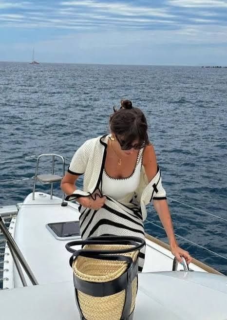 Open-Knit Cardigan and Striped Skirt for a Casual Yacht Day — Yacht Outfits
