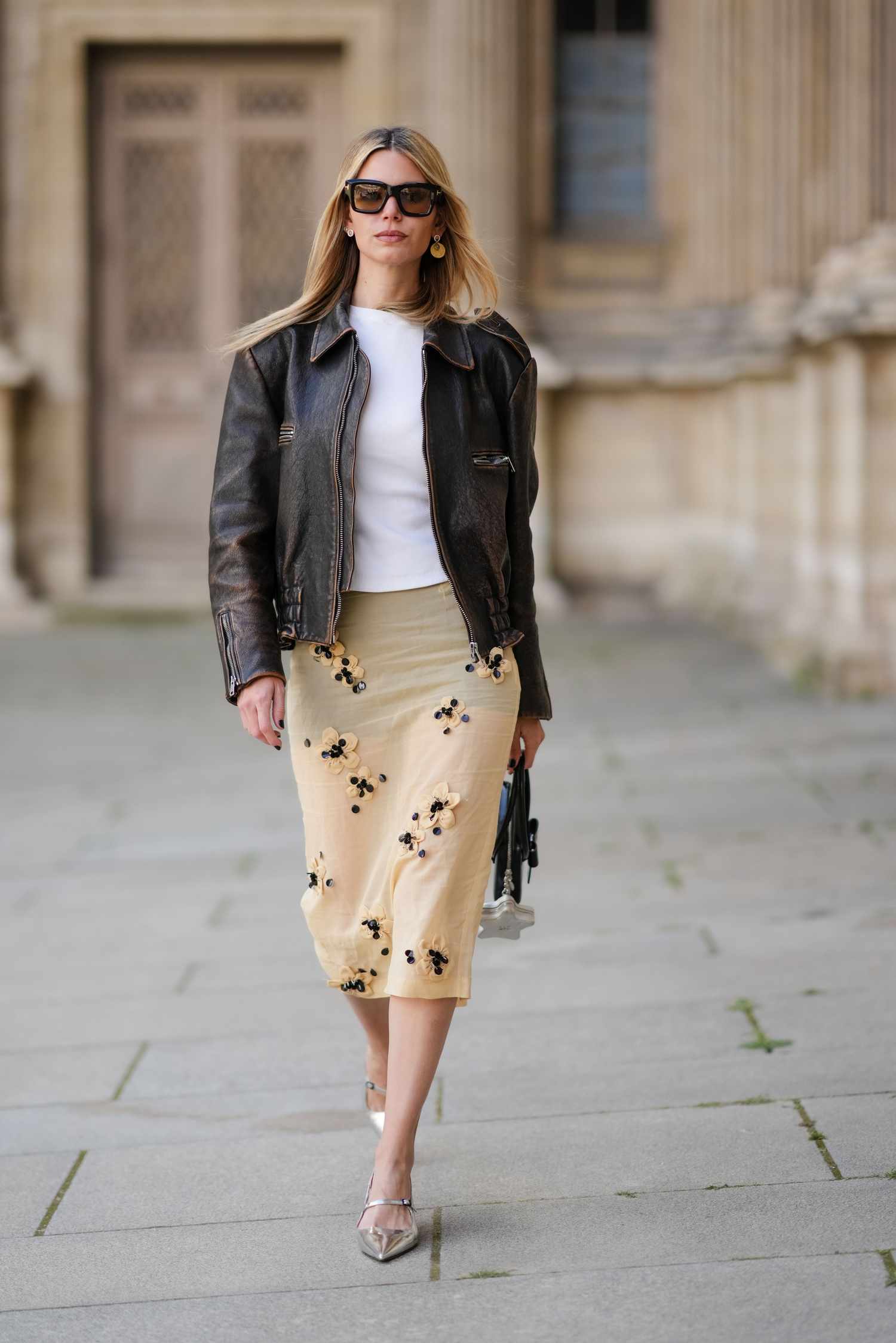 Embellished Sheer Midi Skirt Meets Casual White Tee and Leather Jacket Embellished Sheer Midi Skirt Meets Casual White Tee and Leather Jacket — Midi Skirts