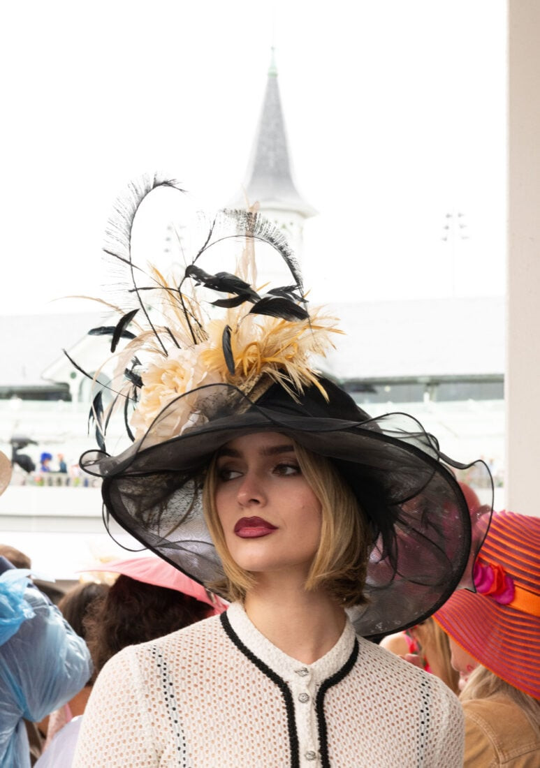 White Textured Knit Top with Black Feathered Hat and Nude Heels — Kentucky Derby Outfits