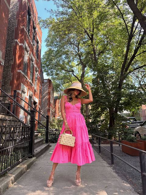 Tiered Midi Dress with Straw Accessories — Barbiecore Outfits