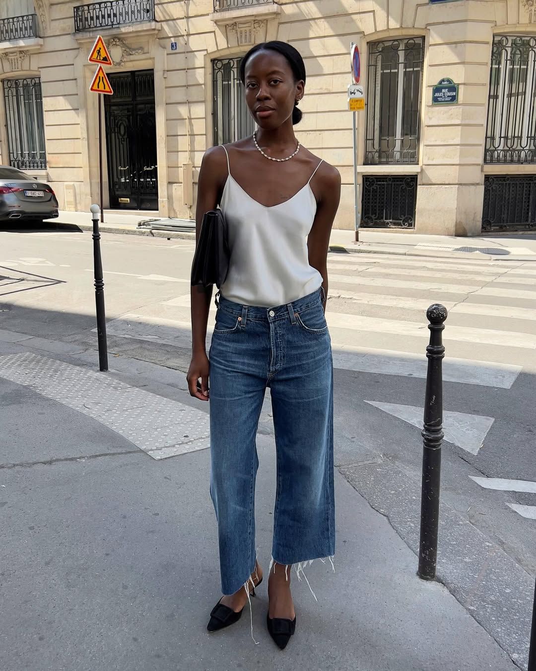 Casual White Satin Camisole with Distressed Denim — Satin Top Outfits