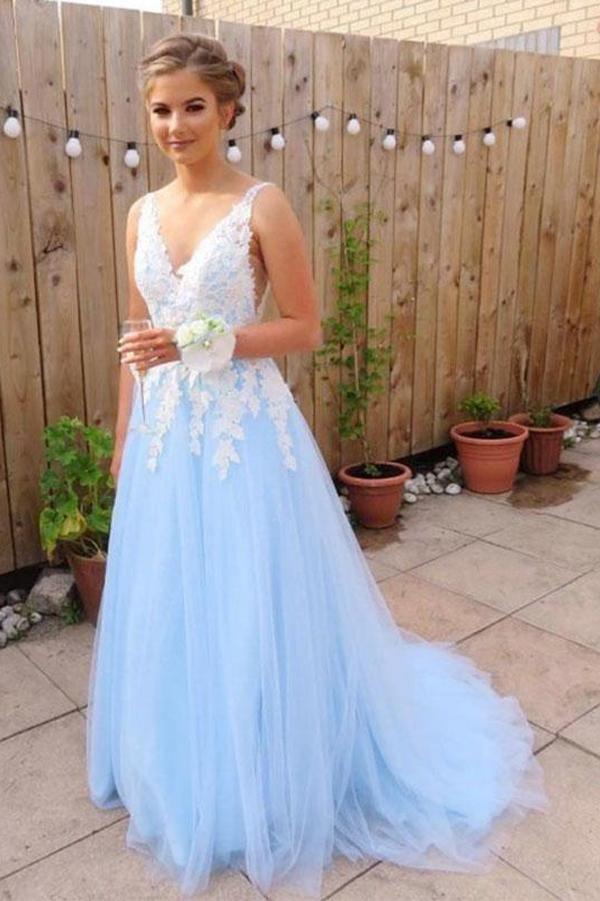 Elegant Blue Tulle V neck Lace Long Prom Dress Formal Dress PG848 US0 / Custom Color