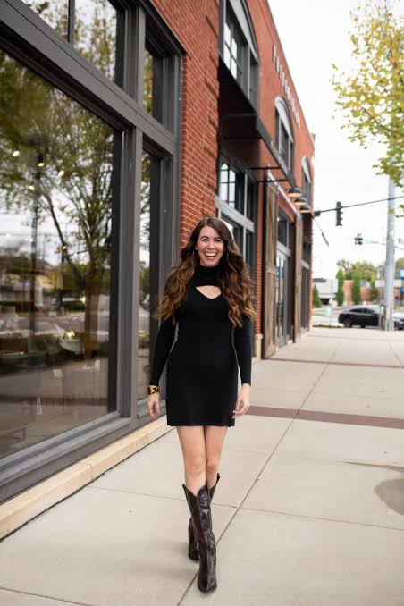 Sleek Black Mini Dress with Black Leather Cowboy Boots — Cowboy Boot Outfits with Dress