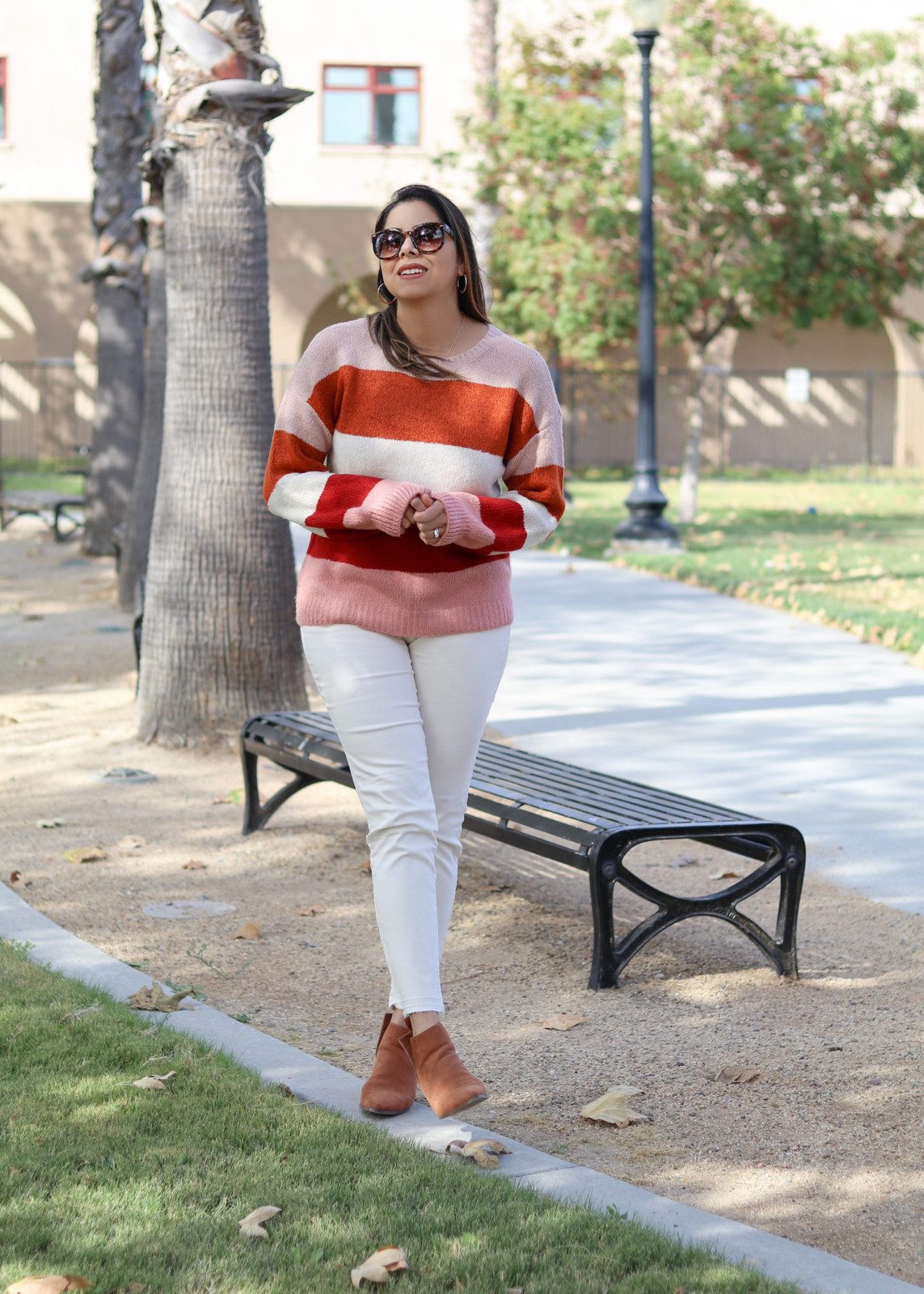 Striped Sweater with White Slim-Fit Pants — San Diego Outfits