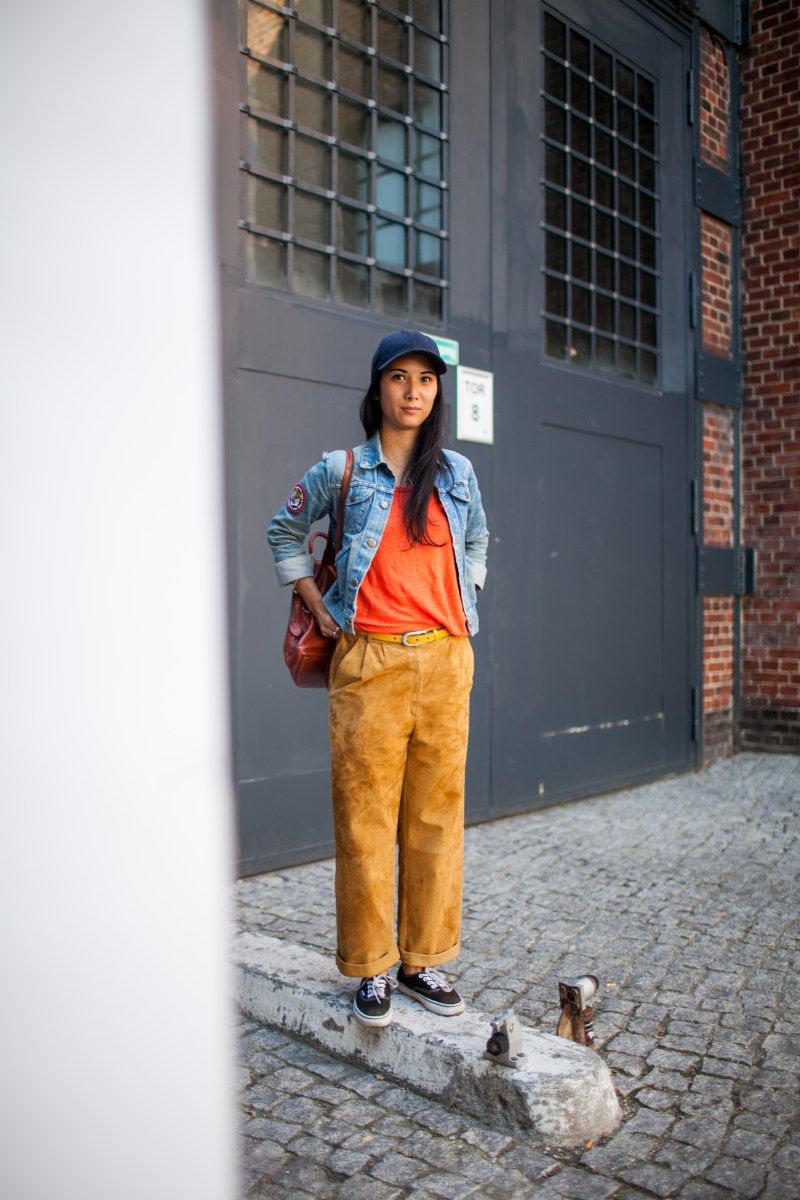 Corduroy Trousers with Denim Jacket and Orange Tee Corduroy Trousers with Denim Jacket and Orange Tee — Berlin Outfits