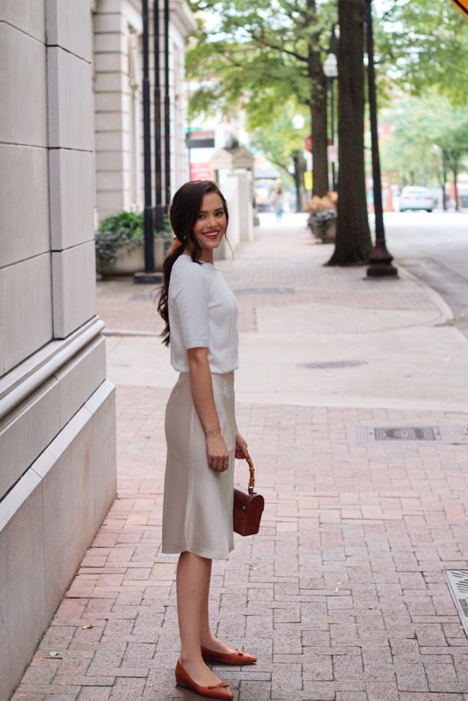 Light Beige Satin Slip Skirt with White Top and Tan Flats Light Beige Satin Slip Skirt with White Top and Tan Flats — Slip Skirts