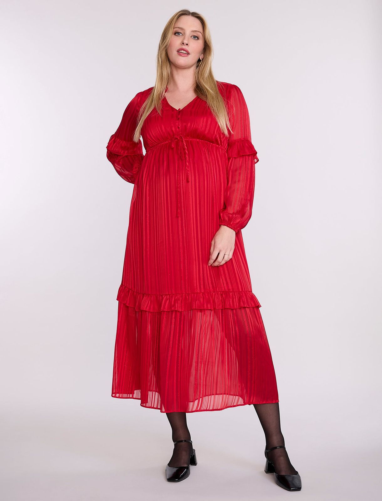 Red Pleated Maternity Dress with Tiered Ruffles Red Pleated Maternity Dress with Tiered Ruffles — Maternity Dresses