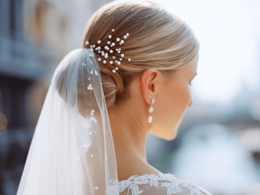 Textured Low Bun with Pearl Accessory Textured Low Bun with Pearl Accessory — Wedding Hairstyles with Veil