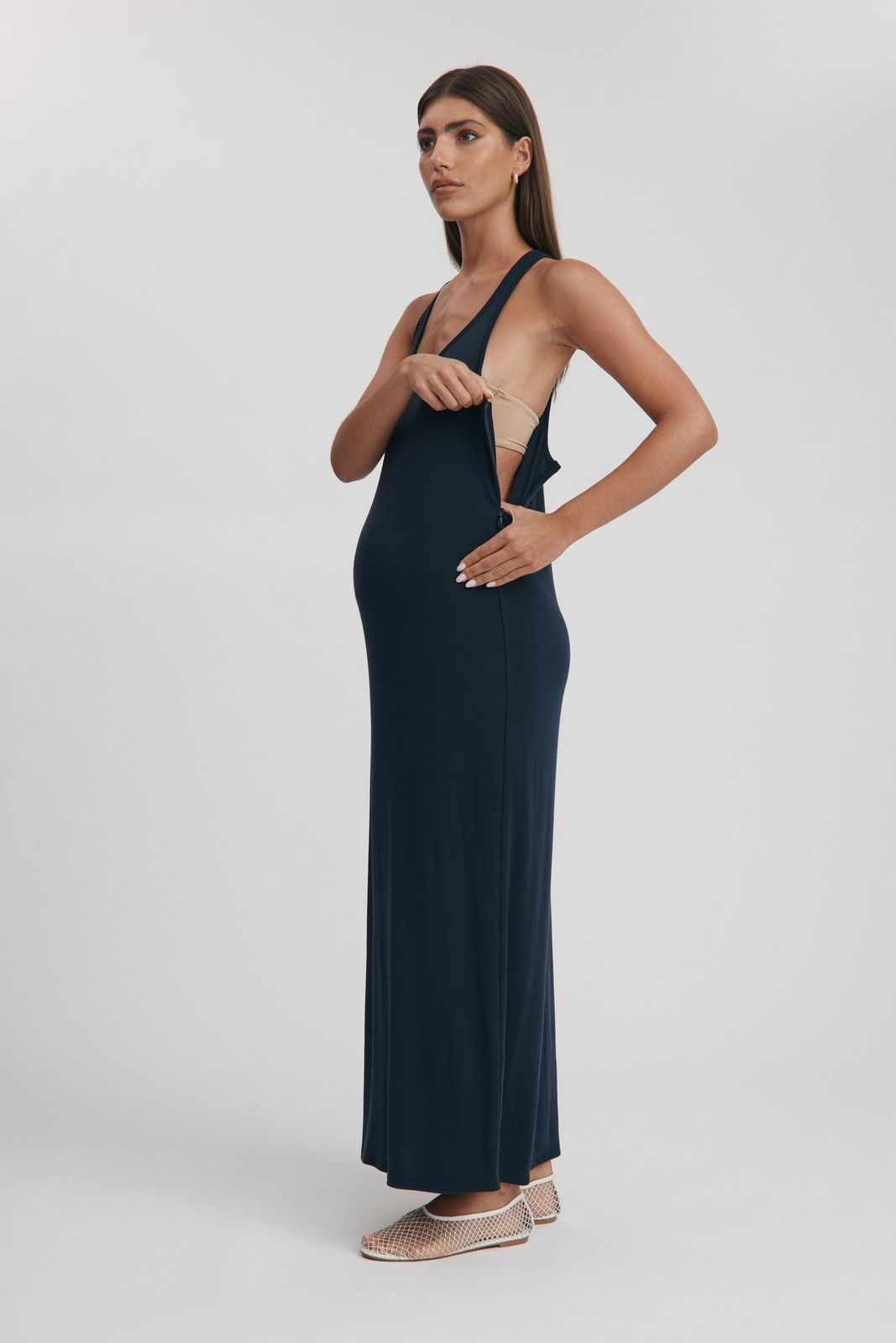 Navy Ribbed Knit Maxi Dress with Zipper for Nursing Access — Nursing Friendly Dresses