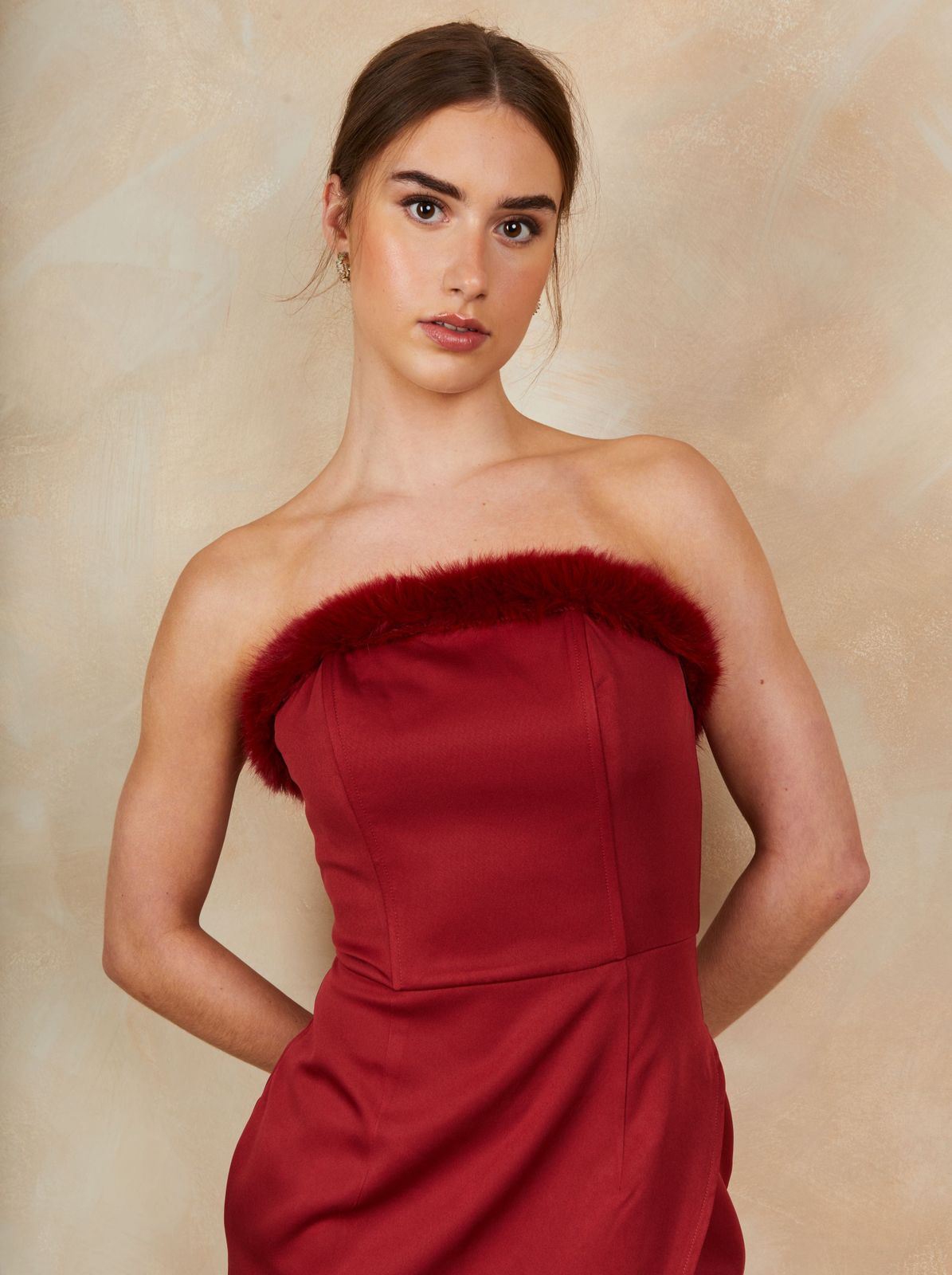 Red Strapless Mini Dress: Playful Fur Trim Red Strapless Mini Dress: Playful Fur Trim — Date Night Dresses