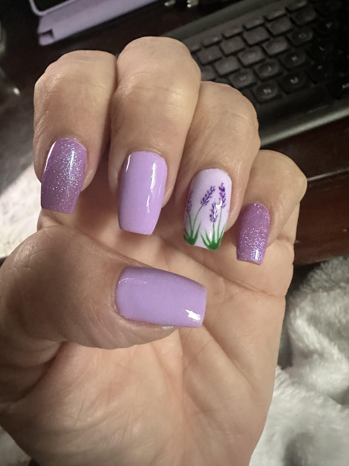 Soft Lavender Square with Glitter and Sprig Art Soft Lavender Square with Glitter and Sprig Art — Bridal Shower Nails