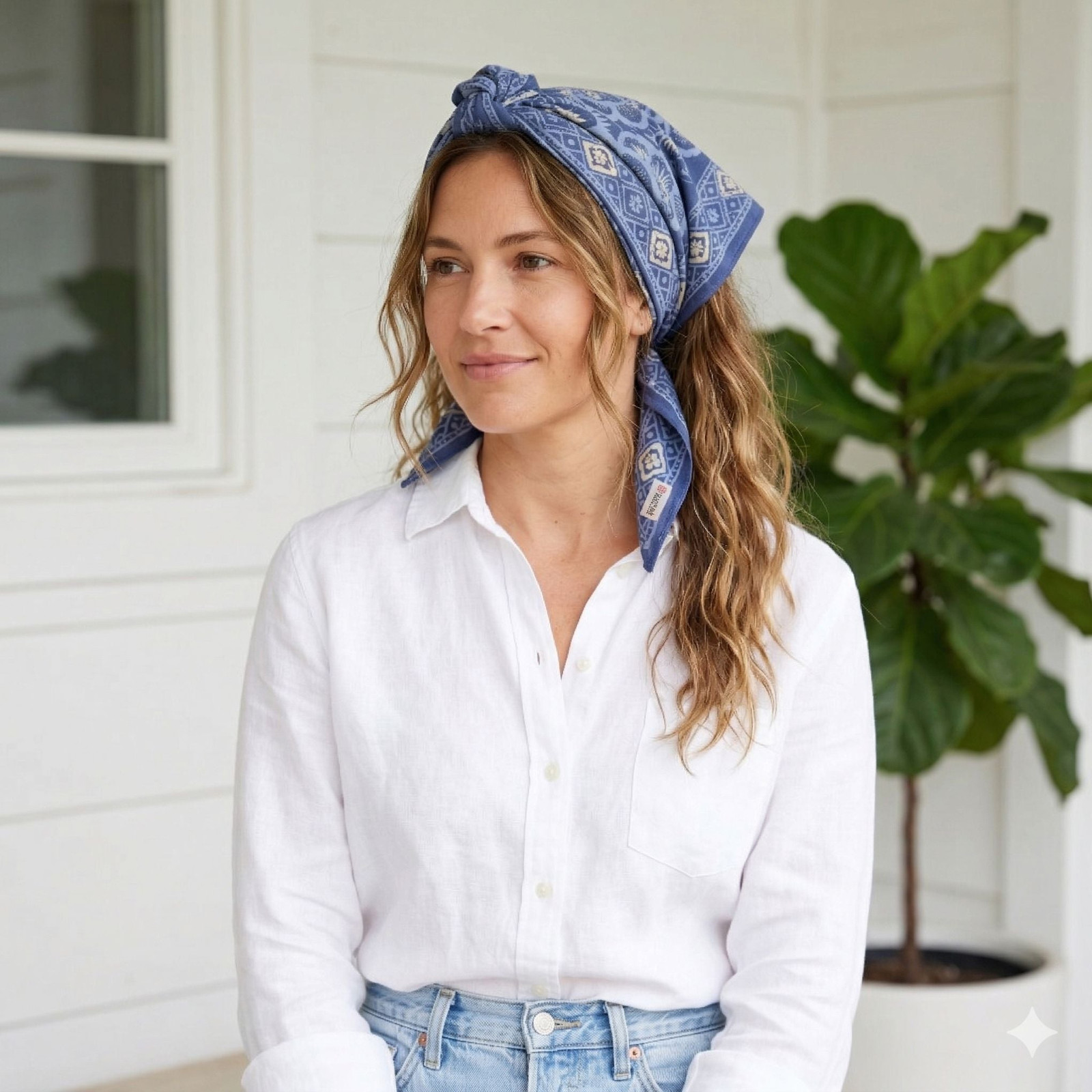 Blue Patterned Bandana as a Chic Headscarf — Bandana Outfits
