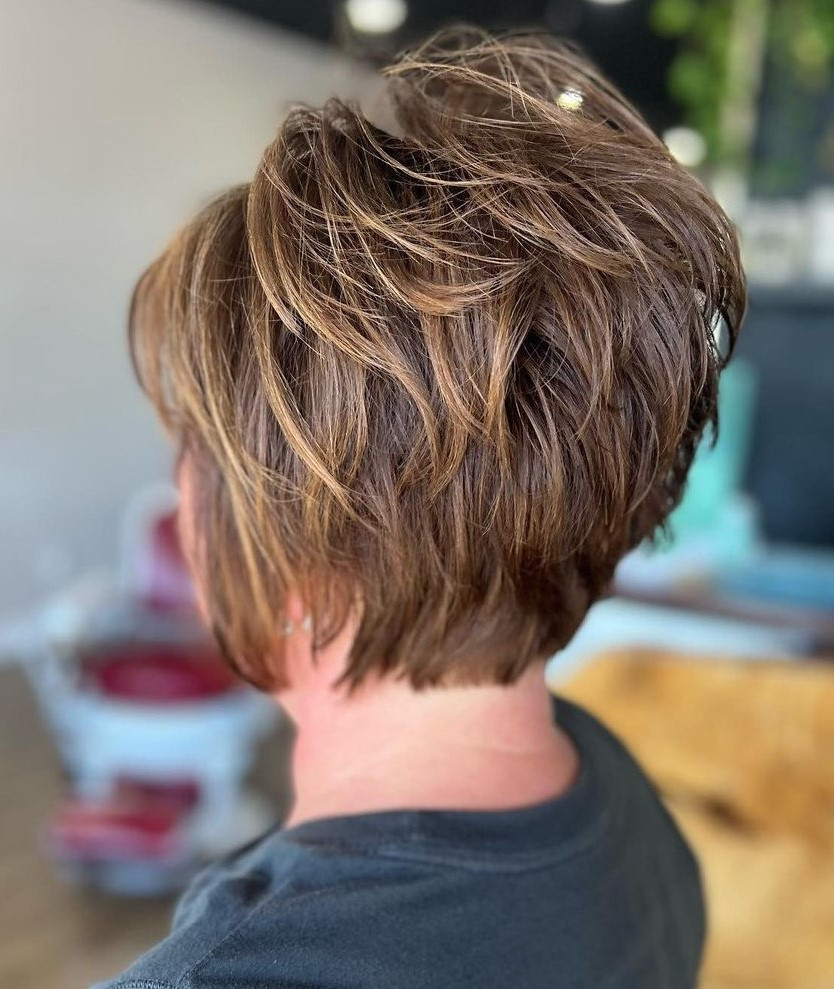 Textured Dark Brown Bob with Caramel Highlights Textured Dark Brown Bob with Caramel Highlights — Brown Hair Over 50