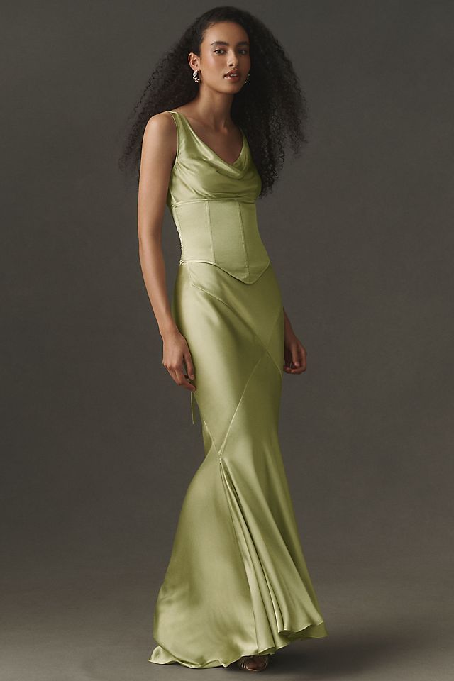 Lime Green Satin Dress with Corset Bodice — Satin Dresses