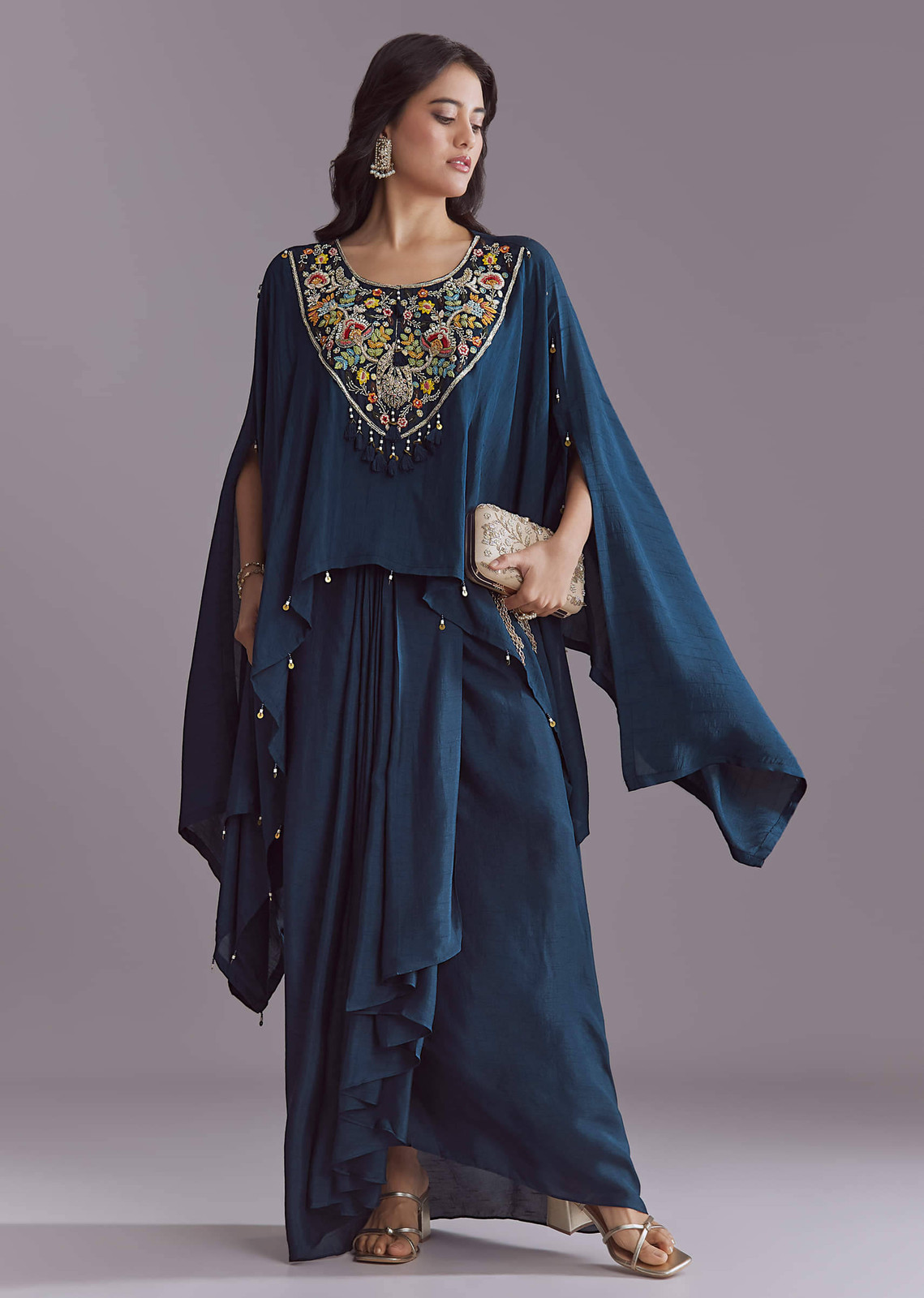 Deep Teal Silk Kaftan and Draped Skirt for Festive Luxury Deep Teal Silk Kaftan and Draped Skirt for Festive Luxury — Kaftan Outfits