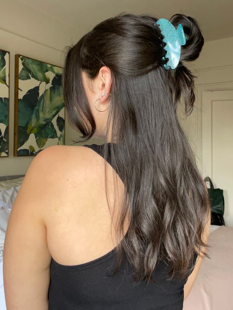 Half-Up Bun with Sparkly Blue Clip — Mini Claw Clip Hairstyles