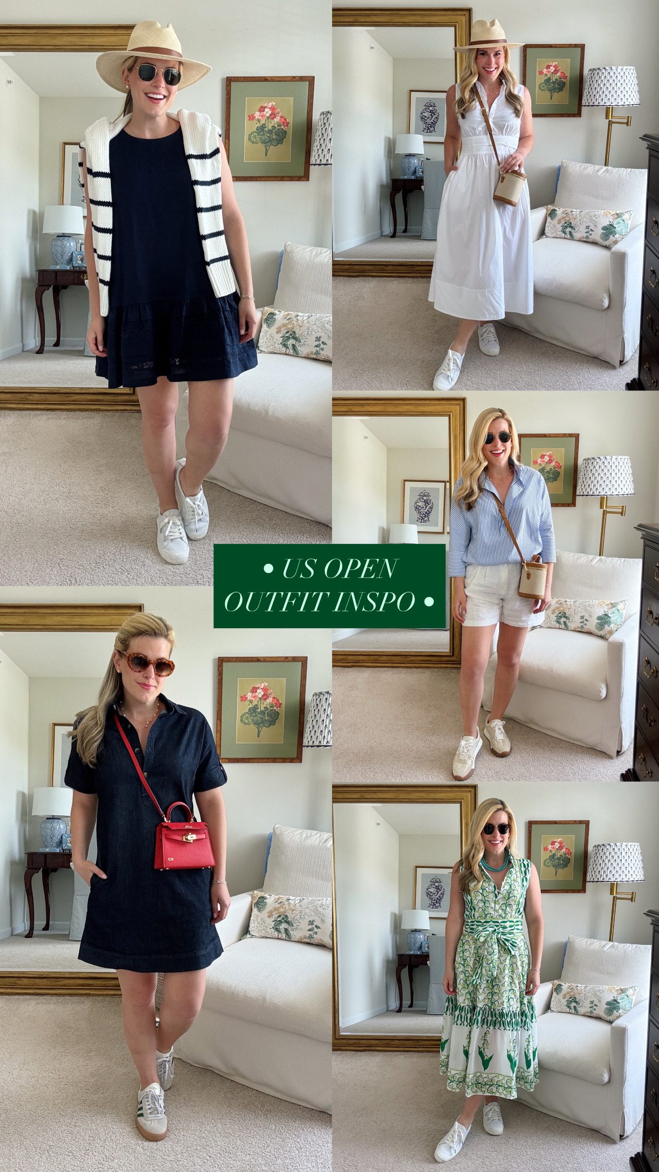 Navy A-Line Dress with Striped Knit Vest and Sneakers — Golf Tournament Outfits