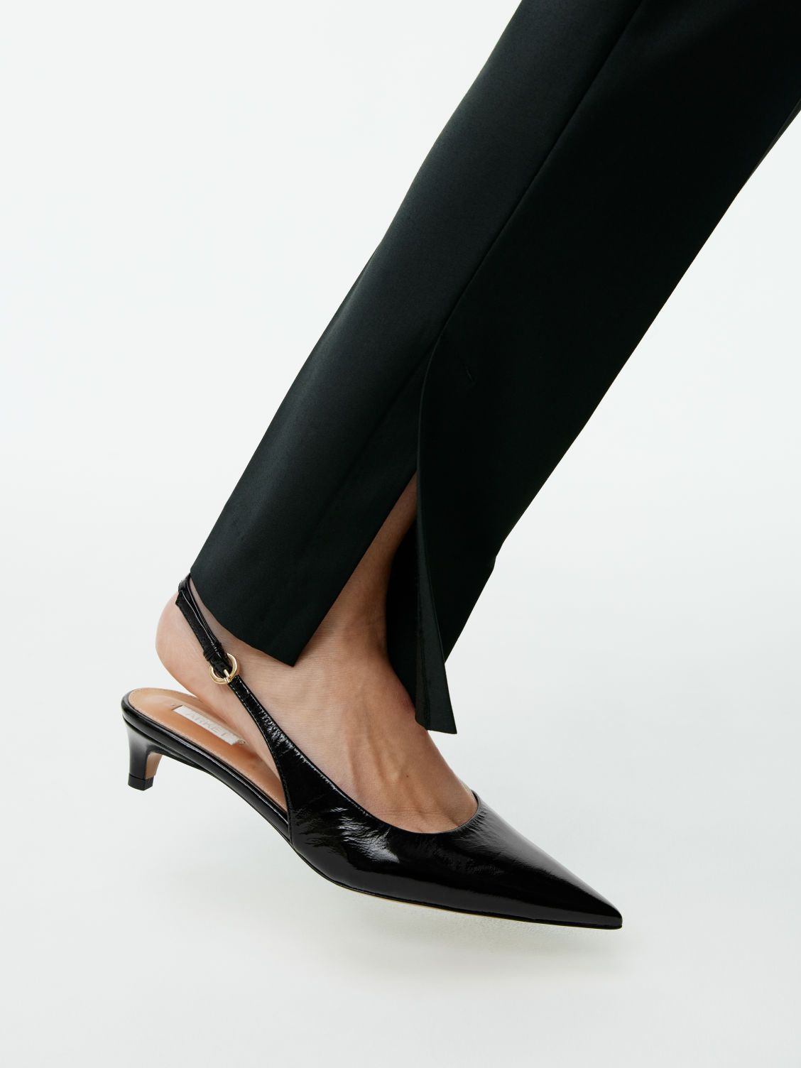 Patent Leather Kitten Slingbacks with Side-Slit Trousers for Evening Elegance — Slingback Heels Outfits