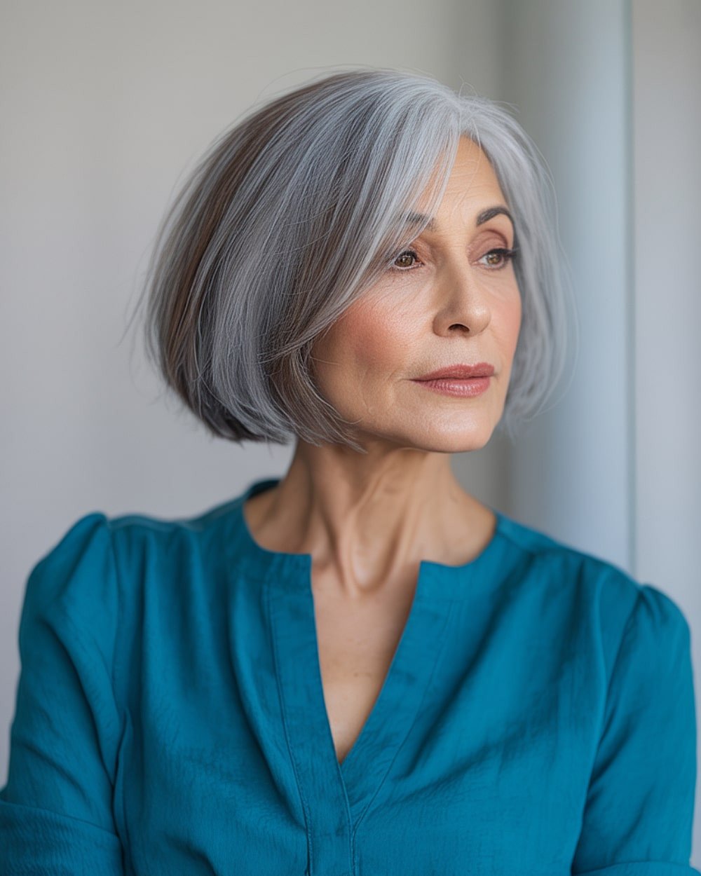 Sleek Gray Bob with Dark Brown Lowlights Sleek Gray Bob with Dark Brown Lowlights — Lowlights Over 50