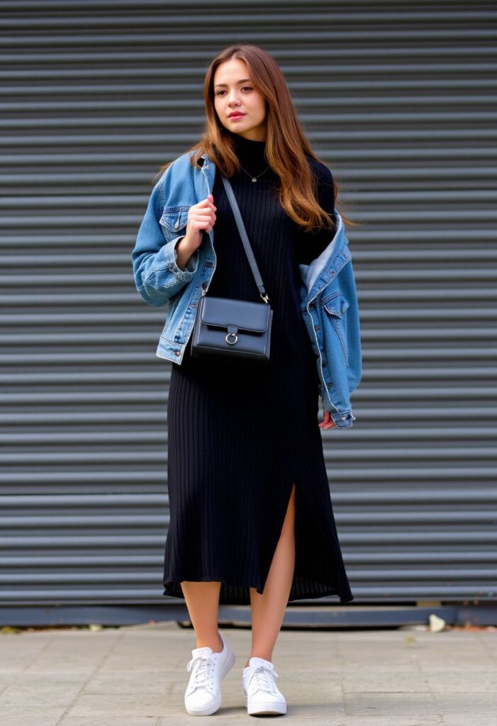 Turtleneck Midi Dress Layered with Denim Jacket — Black Outfits