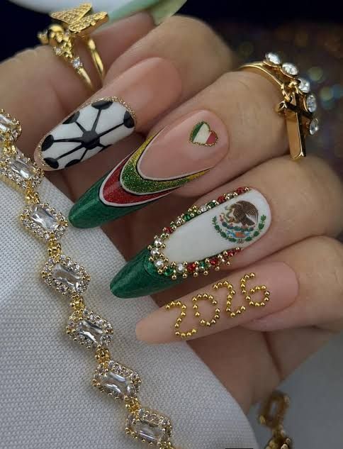 Green White Red Nude Visual Idea Green White Red Nude Visual Idea — Soccer Nails