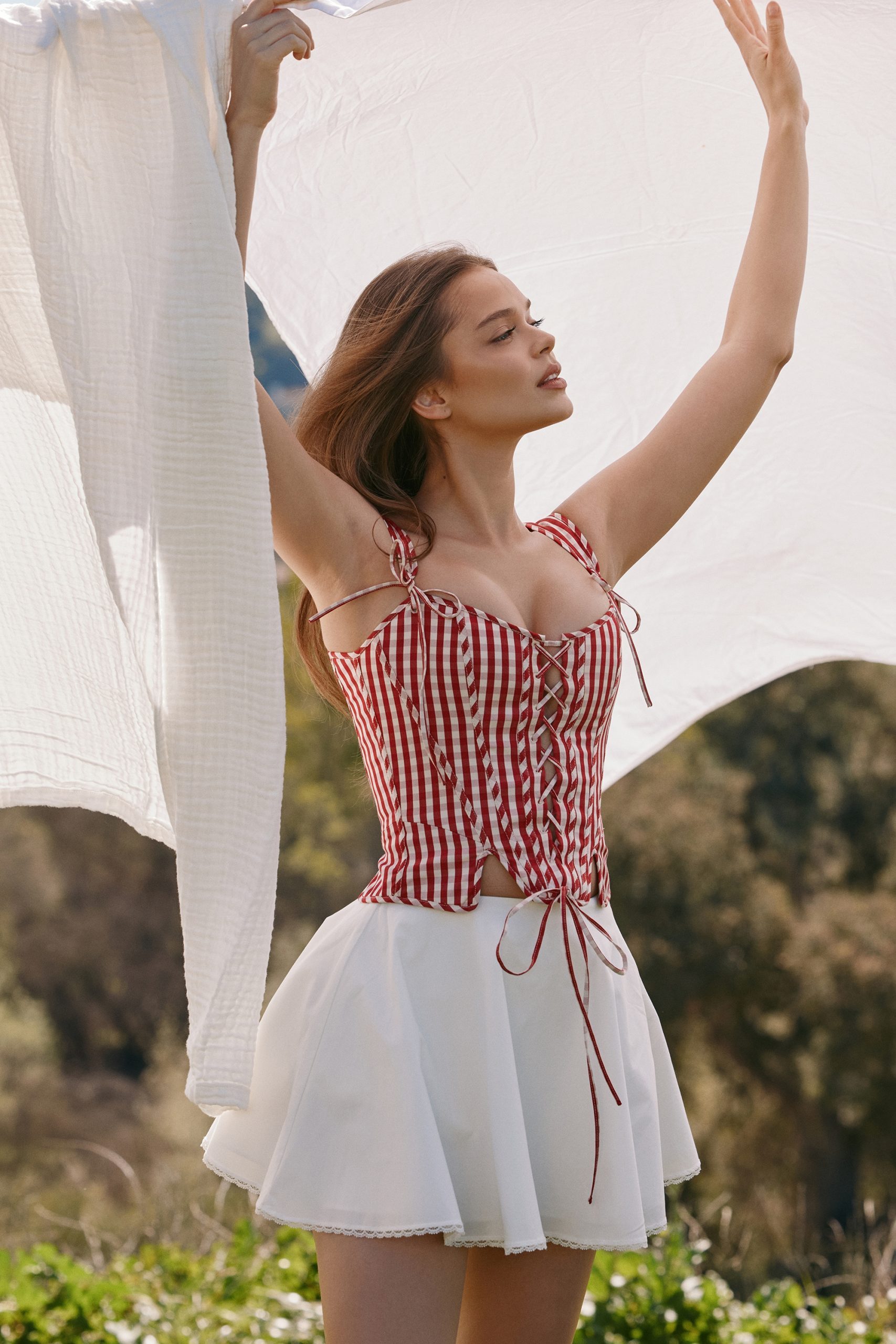 Red and White Gingham Corset Top with Lace-Up Front and White Skirt — Corset Tops