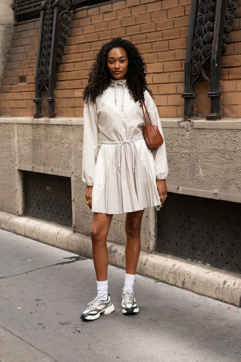 Sporty Jacket and Pleated Skirt with Green Chunky Sneakers Sporty Jacket and Pleated Skirt with Green Chunky Sneakers — Chunky Sneakers Outfits