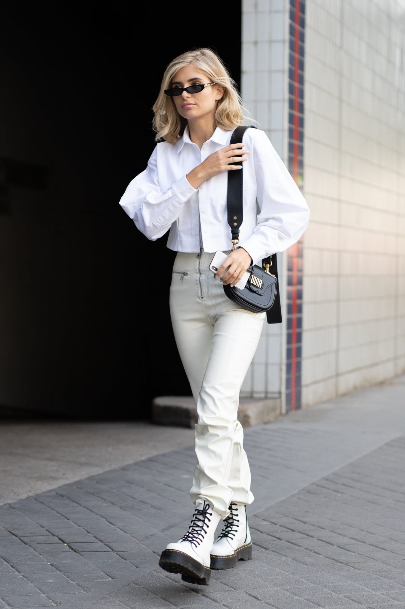 Monochromatic Chic: White Doc Martens with Cream Trousers Monochromatic Chic: White Doc Martens with Cream Trousers — Doc Martens Outfits