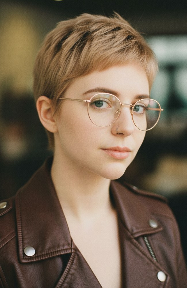Tousled Light Brown Pixie With Piecey Bangs Tousled Light Brown Pixie With Piecey Bangs — Pixie with Glasses