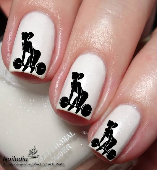 Weightlifting Silhouette White Square Nails Weightlifting Silhouette White Square Nails — Gym Nails