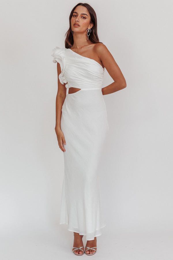 White One-Shoulder Maxi Dress with Ruffled Sleeve and Cut-Out White One-Shoulder Maxi Dress with Ruffled Sleeve and Cut-Out — Bachelorette Dresses