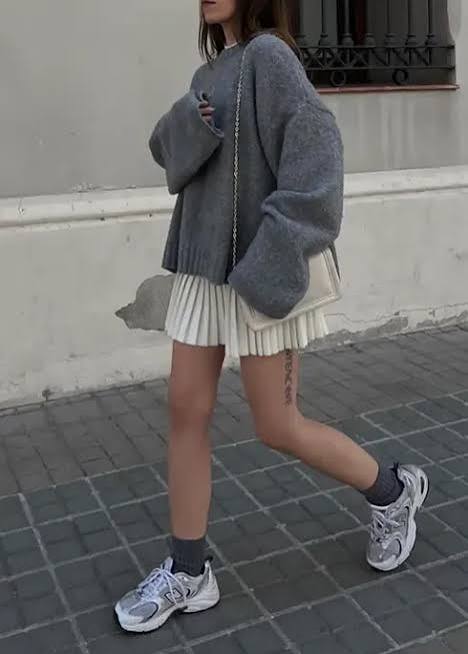White Pleated Mini Tennis Skirt with Oversized Grey Knit Sweater White Pleated Mini Tennis Skirt with Oversized Grey Knit Sweater — Tennis Skirt Outfits