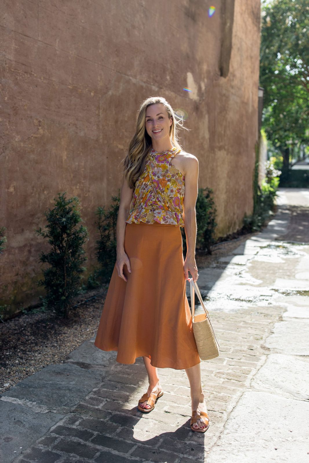 Floral Halter Blouse and Rust Midi Skirt Combo — Charleston Outfits