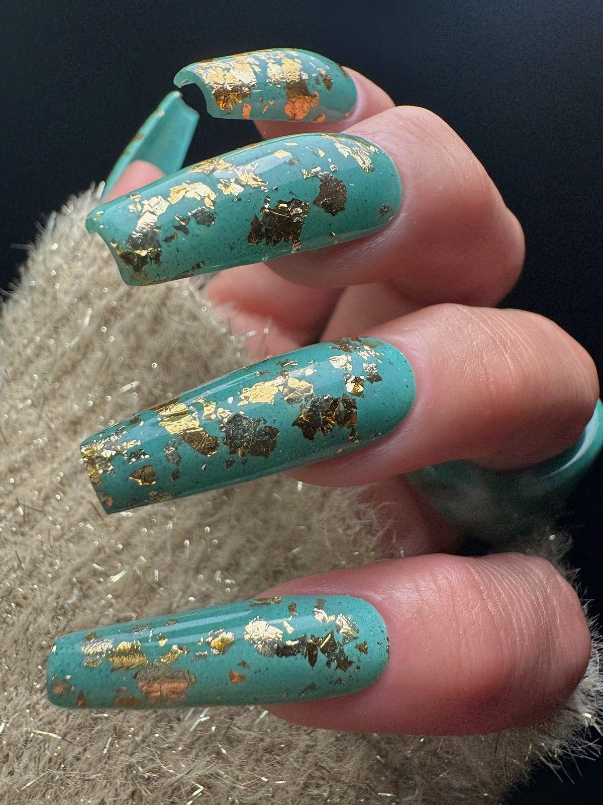 Gold Flakes Scattered On All Nails Visual Idea — Turquoise Nails