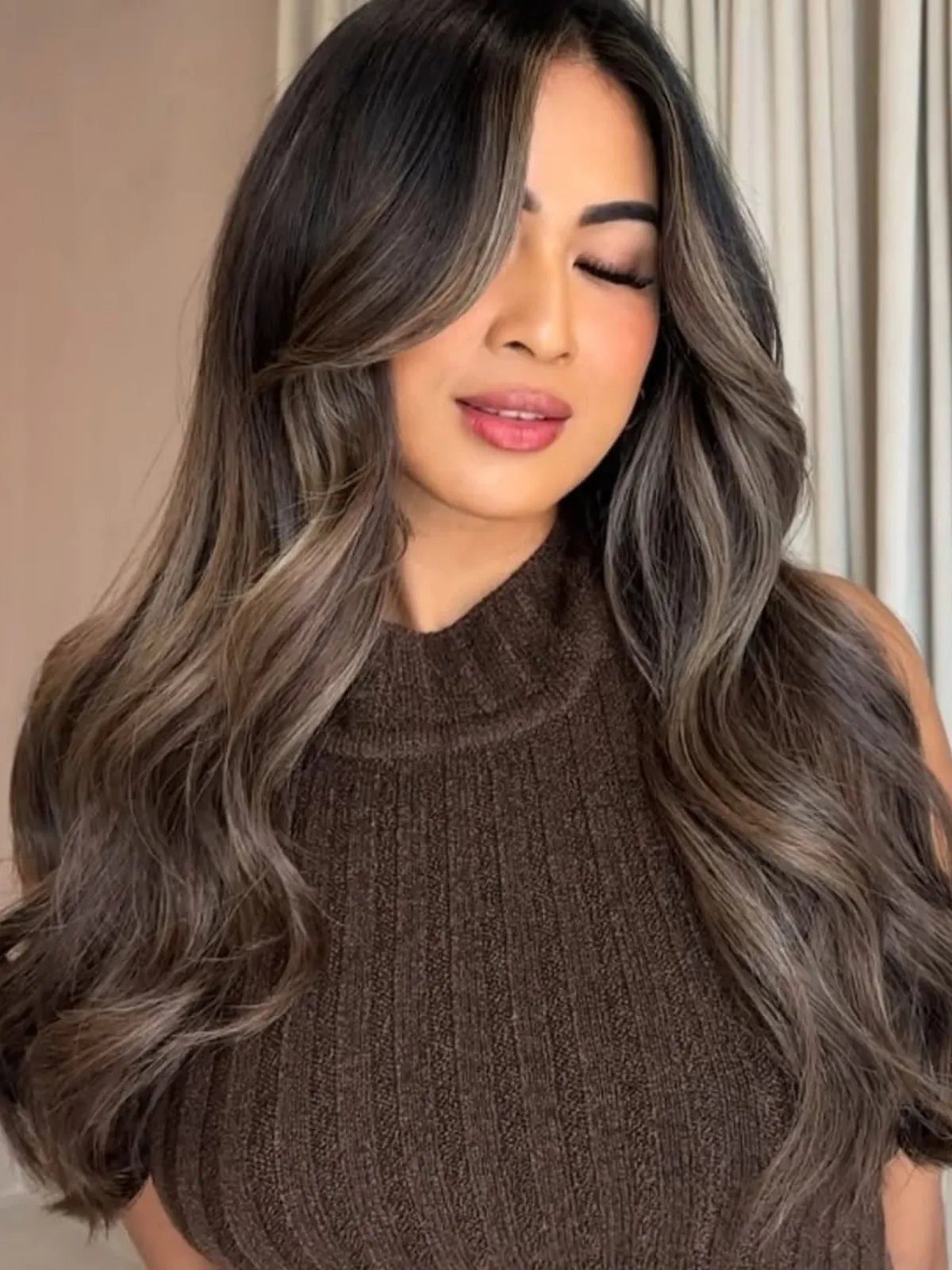Curtain Bangs Visual Idea — Highlights on Dark Hair