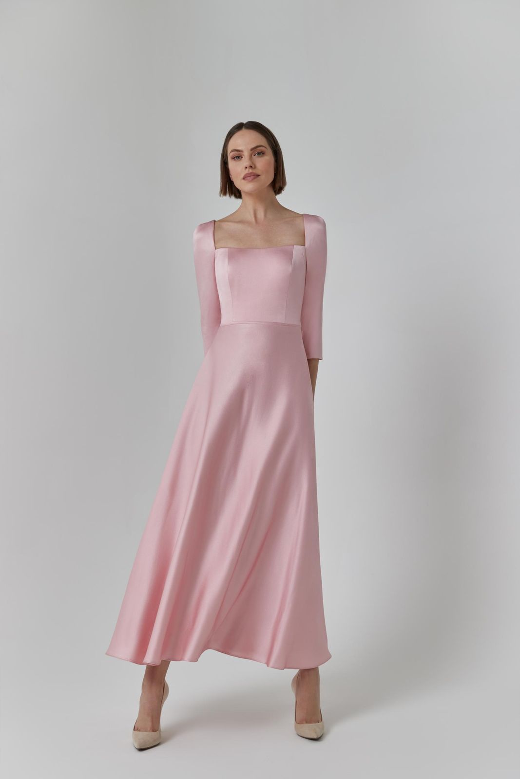Elegant Pale Pink Satin Fit-and-Flare Dress Elegant Pale Pink Satin Fit-and-Flare Dress — Mother of the Bride Outfits