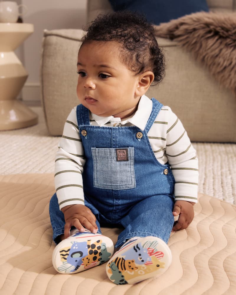 Casual Denim Overalls Paired with a Striped Tee Casual Denim Overalls Paired with a Striped Tee — Baby Outfits
