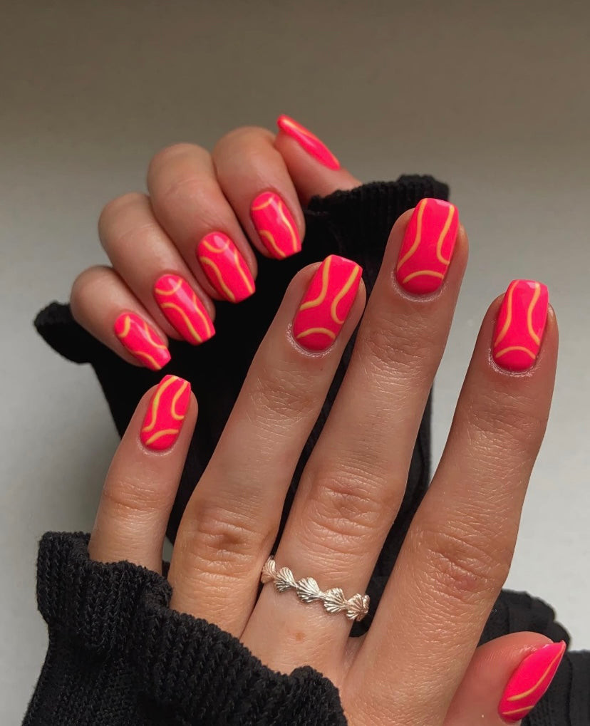 Neon Pink Wavy Line Coffin Nails — Festival Nails