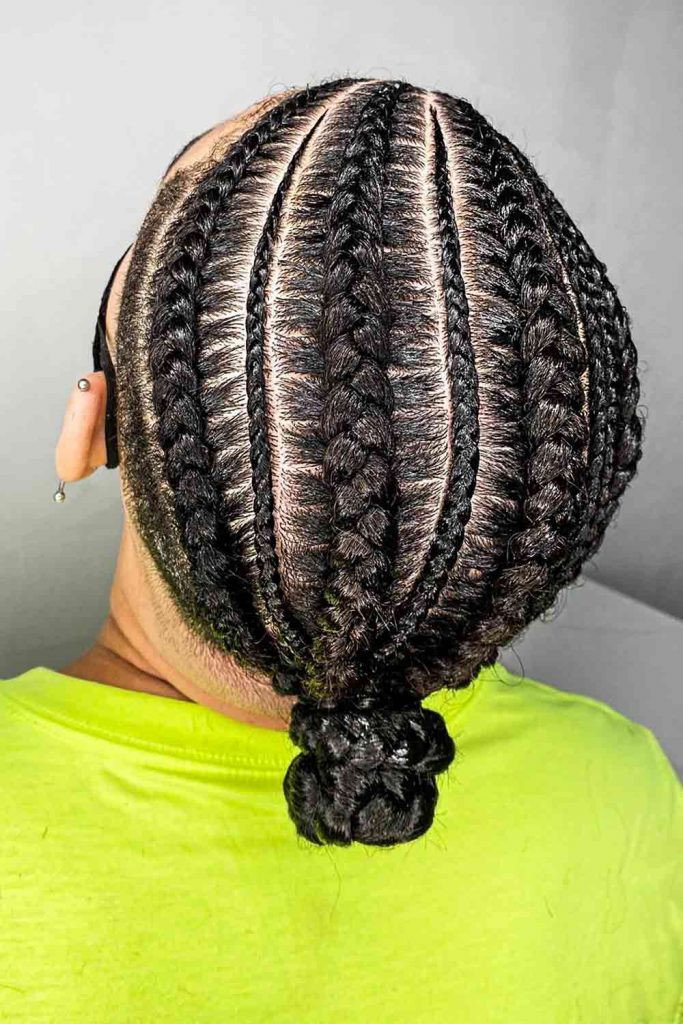 Thick Uniform Braids Gathered Into A Nape Bun — Cornrows for Men