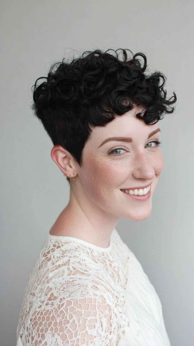 Black Pixie with Styled Curly Bangs — Short Curly Haircuts