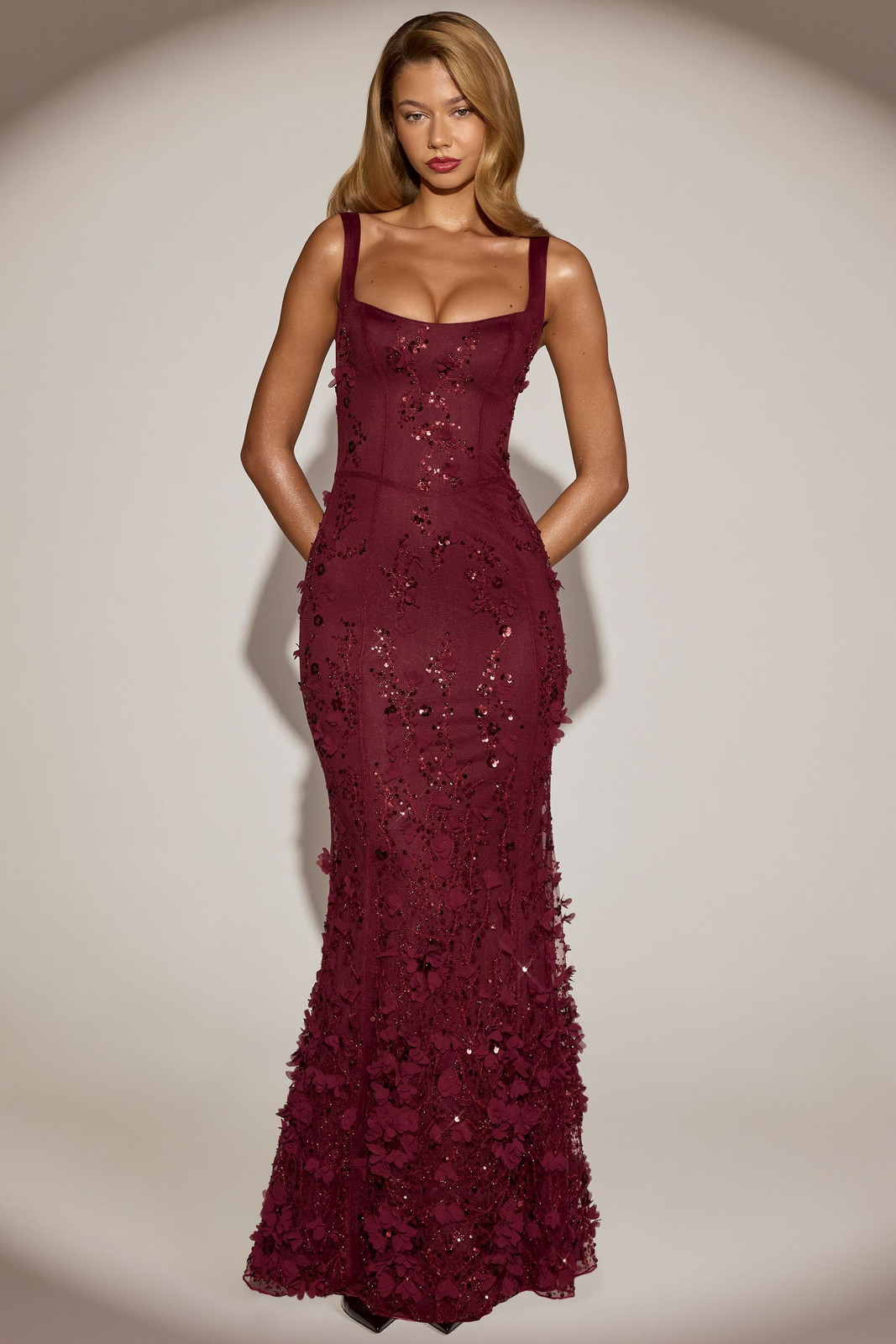 Burgundy Sequin Dress with 3D Floral Appliqué Corset Bodice Burgundy Sequin Dress with 3D Floral Appliqué Corset Bodice — Corset Dresses