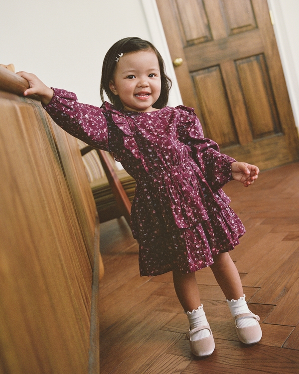 Burgundy Floral Dress with Tiered Ruffled Skirt Burgundy Floral Dress with Tiered Ruffled Skirt — Toddler Girl Outfits