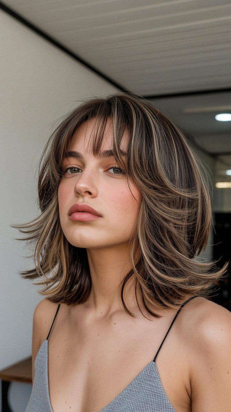Chin Length Wavy Butterfly With Wispy Bangs — Butterfly Haircut Short Hair