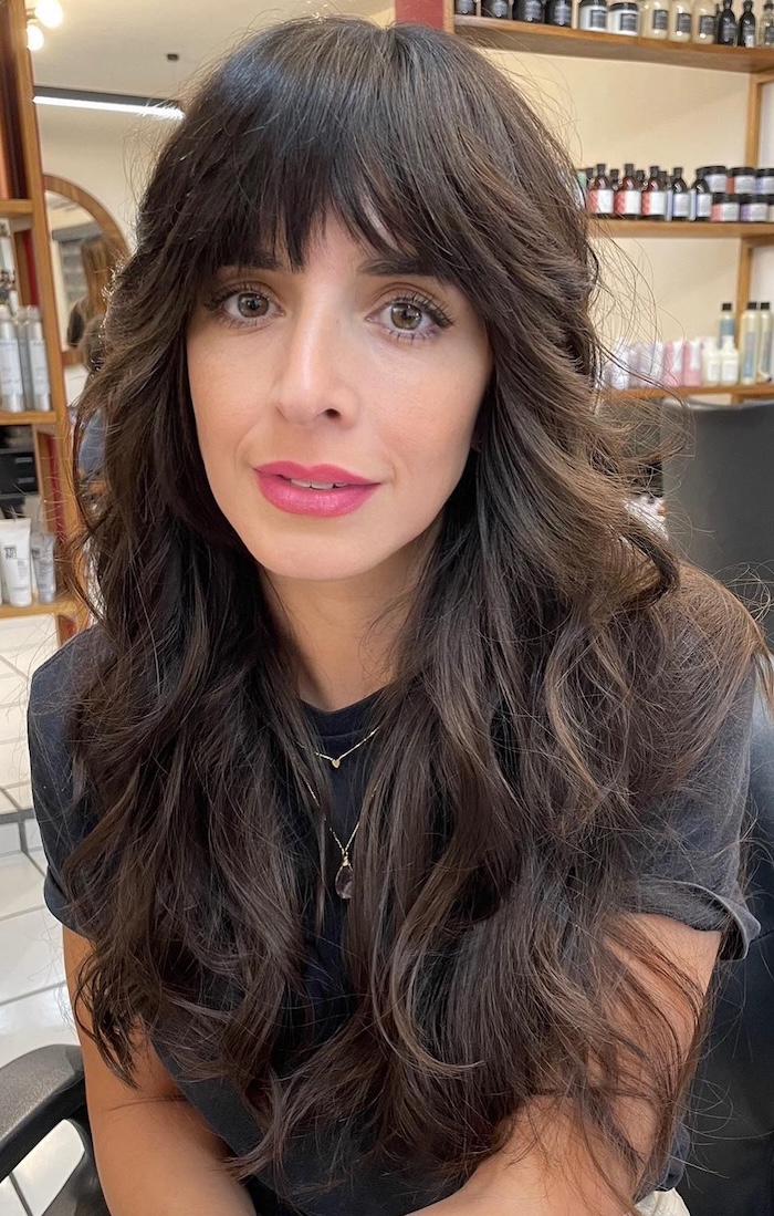 Casual Dark Grey T-Shirt and Dark Brown Wispy Bangs