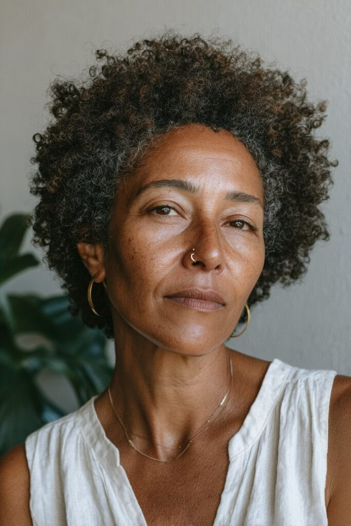 Short Natural Afro With Grey Streaks — Natural Hairstyles Over 50