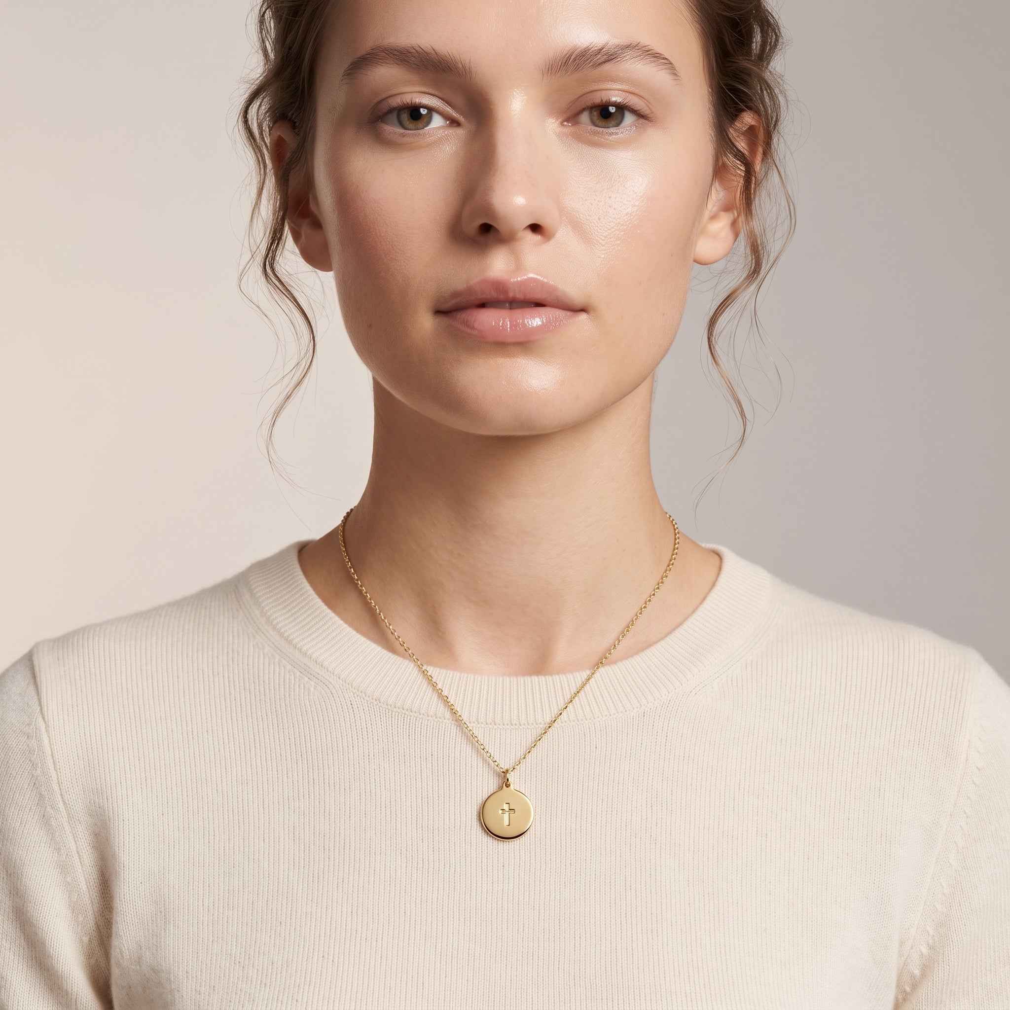 Gold Cross Disk Pendant Necklace on Cream Sweater Gold Cross Disk Pendant Necklace on Cream Sweater — Gold Jewelry