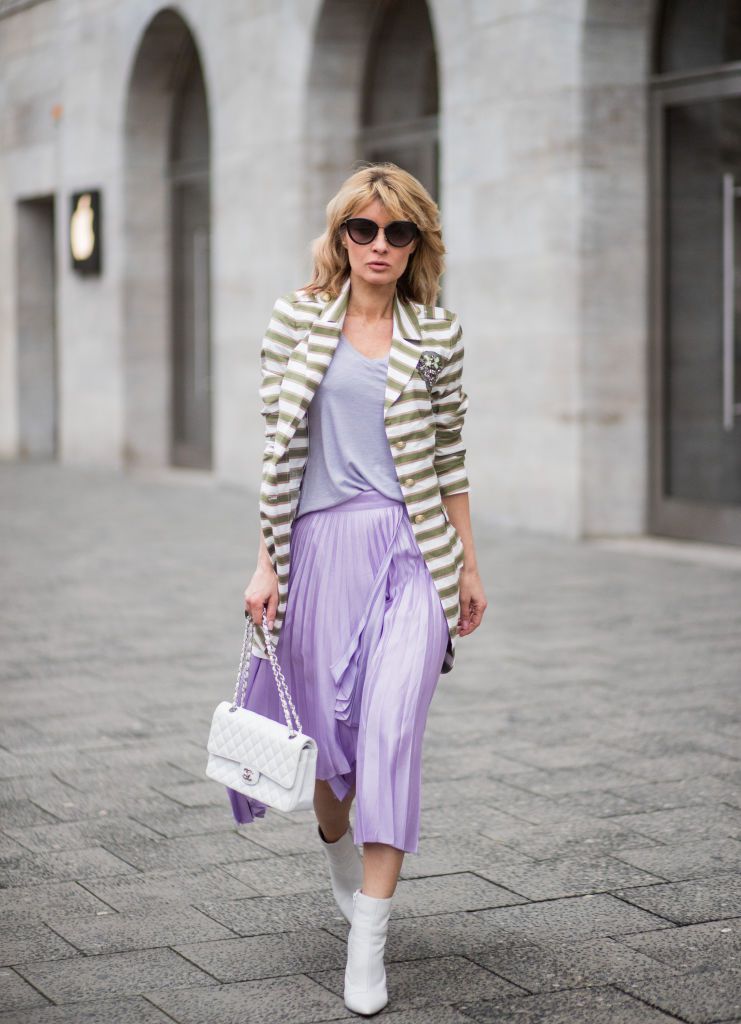 Lavender Pleated Midi Skirt with Blazer and T-shirt — Pleated Skirt Outfits