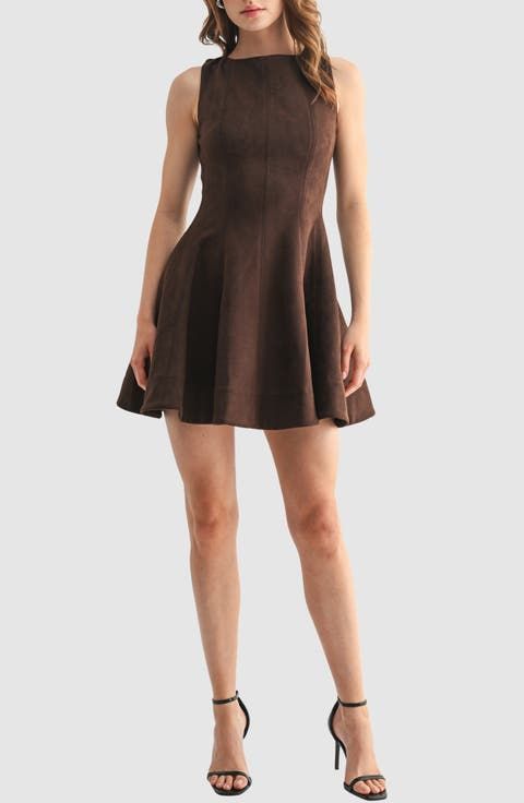 Dark Brown Suede Fit-and-Flare Mini Dress: Suede Texture — Date Party Dresses